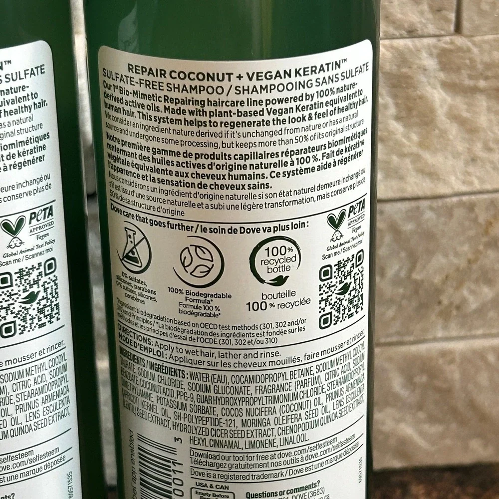 Dove RE+AL Repair Coconut Vegan Keratin Shampoo 10oz 2pk Sulfate Free Haircare